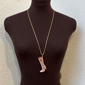 NWDT Betsey Johnson gold boot with hearts and multicolor rhinestones necklace.